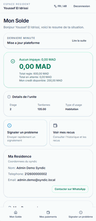 Capture d'écran de l'espace résident mobile de SyndicPlus